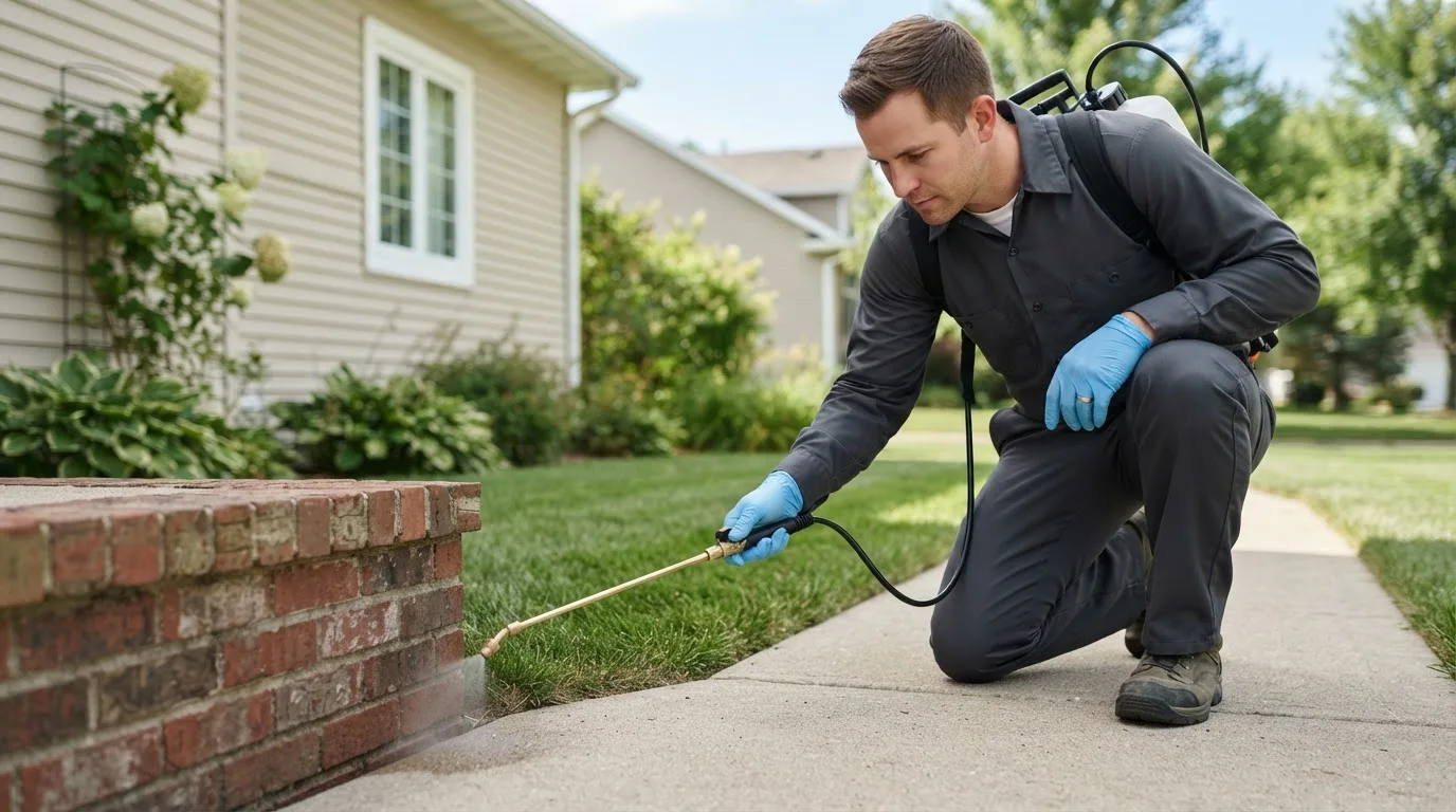 Pest control technician treating a home near Lawtons, NY